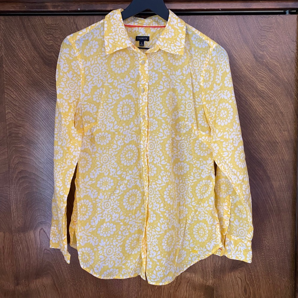 Talbots Medium Cotton Roll Tab Yellow White Floral Button Up L/S Shirt Bright